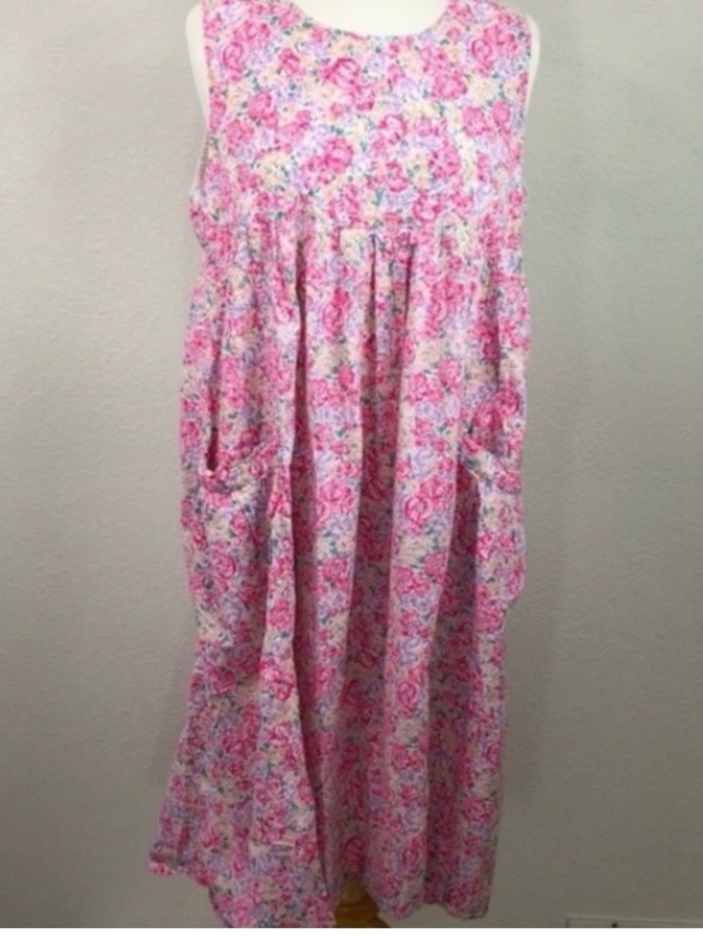 Vintage Womens Pink Floral Button Back Sleeveless Empire Waist Midi Dress Size L